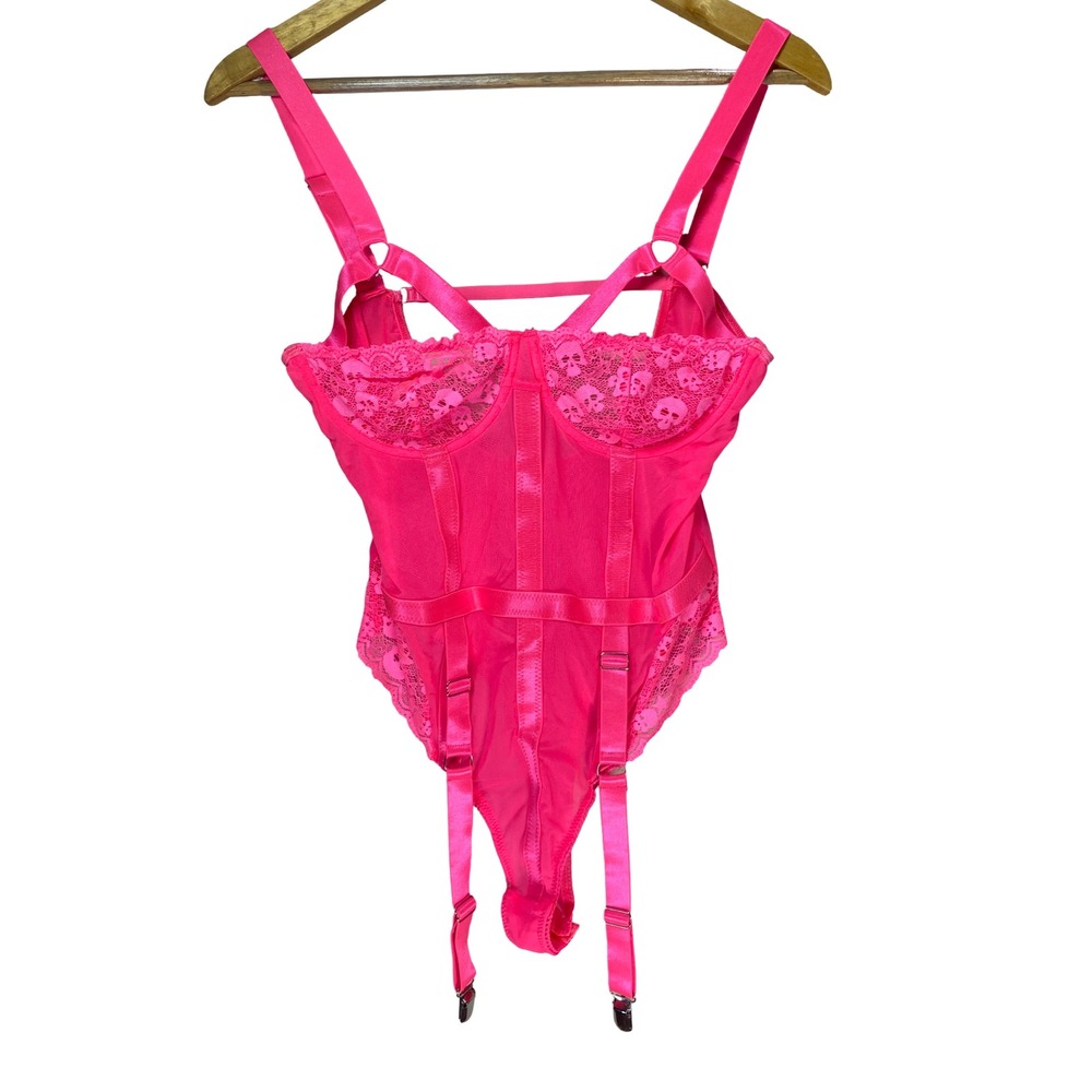 Sireey Hot Pink‎ Skull Lace Garter Bodysuit Harness Corset Lingerie Large EUC